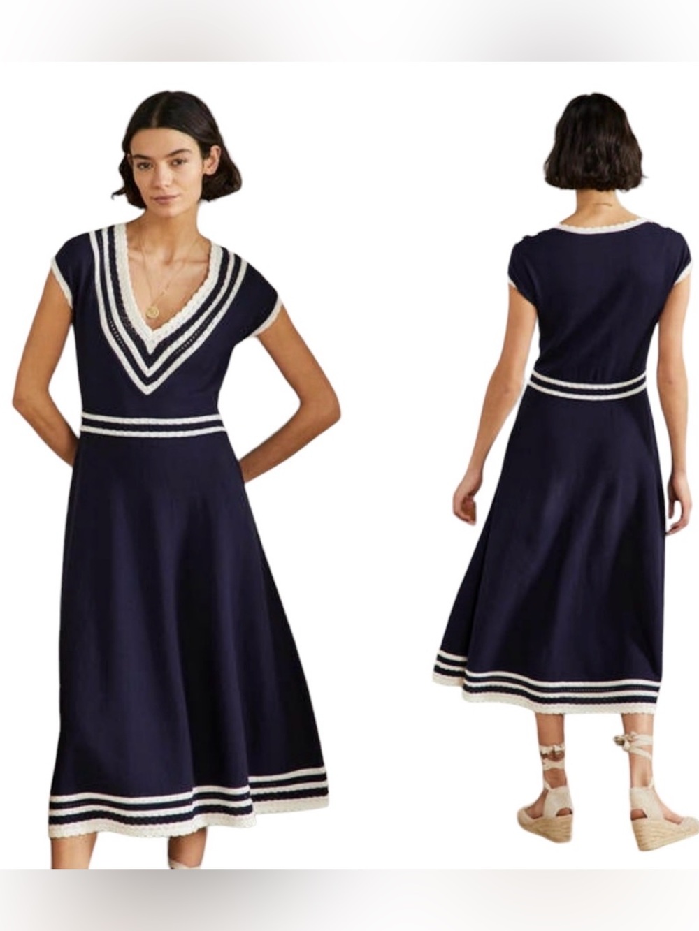 Boden Trim Detail Knitted Midi Dress Navy White Cotton Size Size 4 NWT